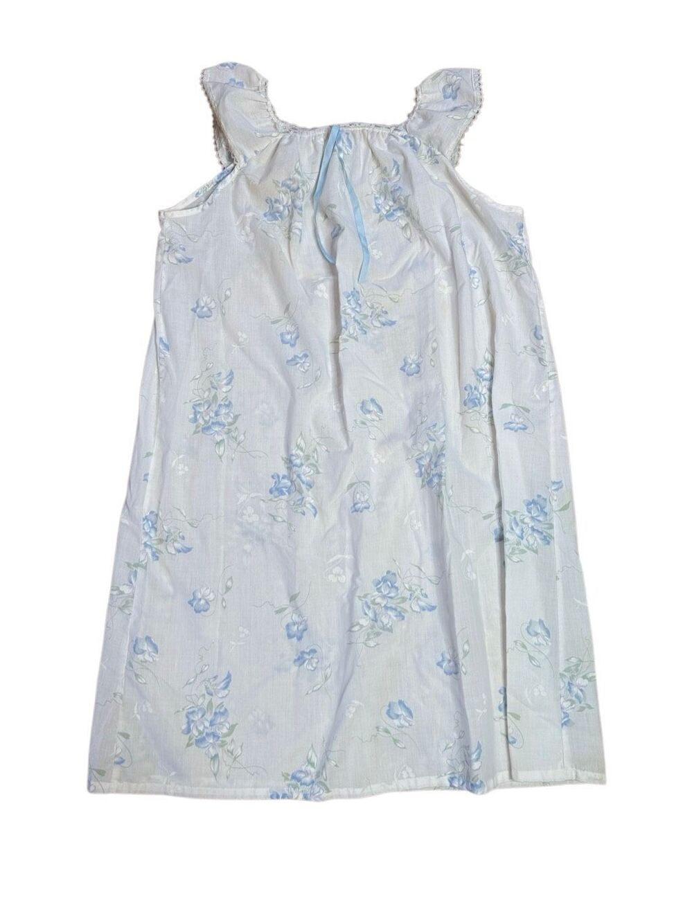 80s Vintage Cotton White and Blue Floral Midi Nightgown Sleep Dress Small